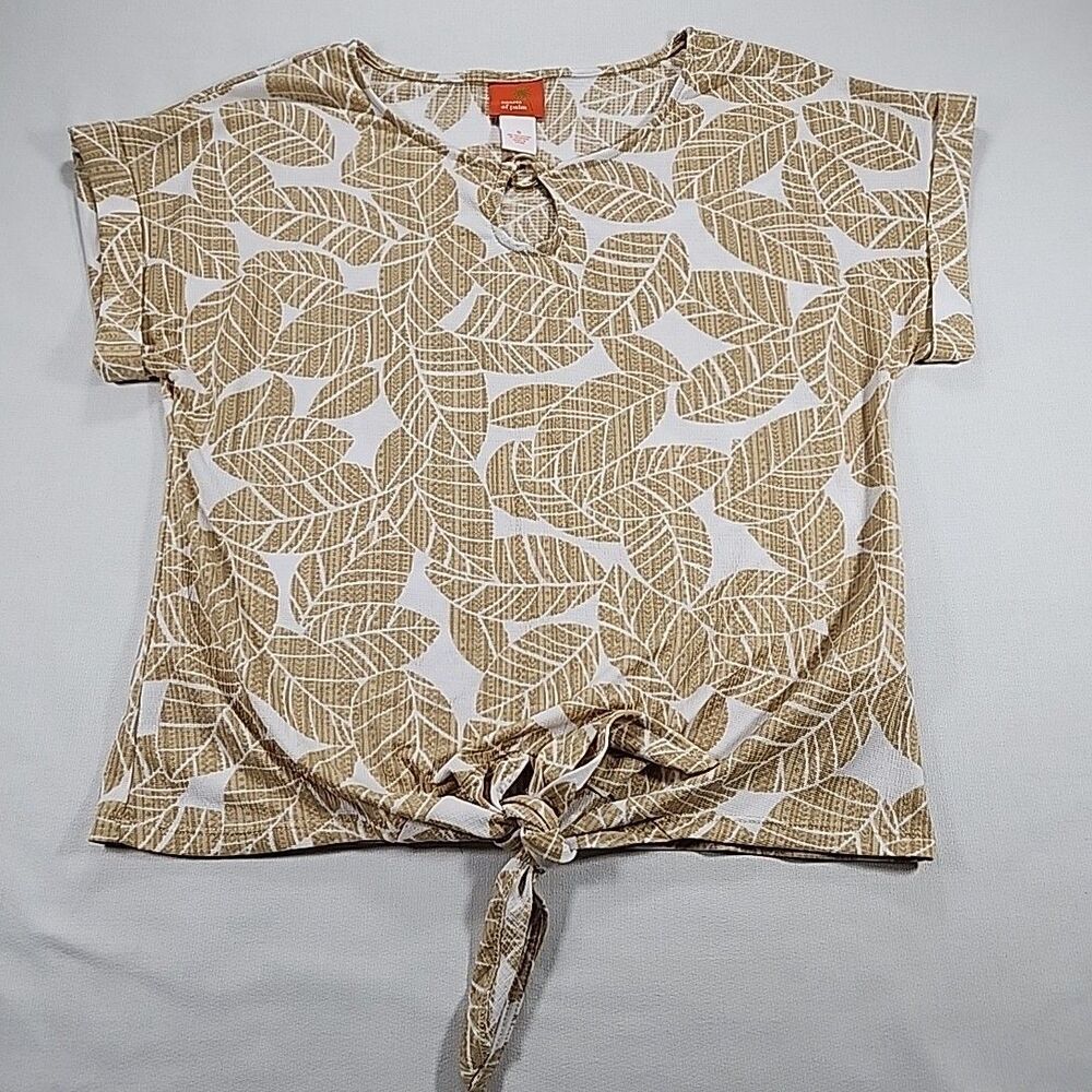 Hearts of Palm Women's Tan Short Sleeve Blouse Size S Floral Polyester Tie